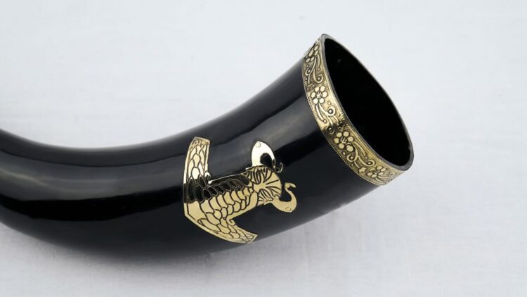 Genuine Natural Horn with Thors Hammer and Metal Fittings